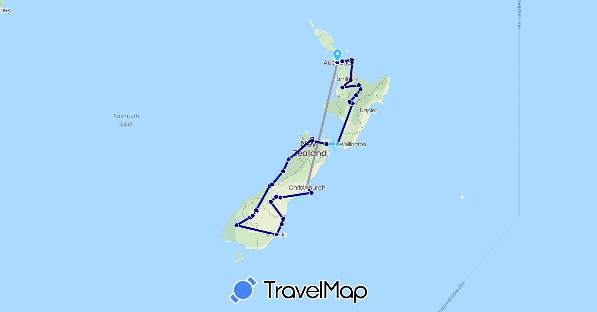 TravelMap itinerary: driving, plane, hiking, boat in New Zealand (Oceania)